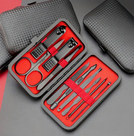 10pcs Luxury Manicure & Pedicure Set – Ultra Sharp Stainless Steel Clippers, Scissors, File & Tools in Stylish Black/Red Box | Professional Quality, Durable, Complete Nail Care Kit