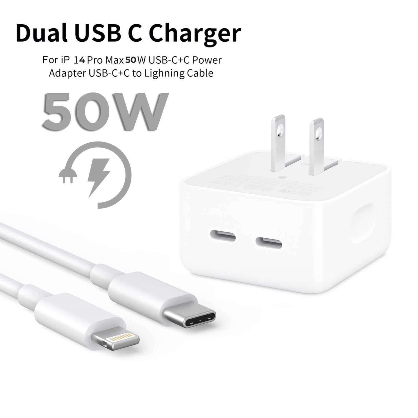 Iphone 14 Pro 2 Pin (us Pin) 50w Usb-c+c Power Adapter With Usb-c To Lightining Cable