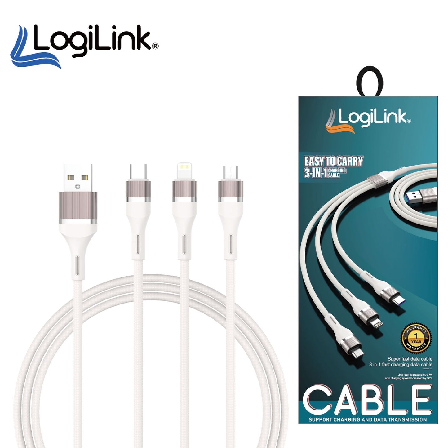 2 pieces Logilink 3in1 Usb To Micro/type C/iphone Nylon Data Cable 6a Fast Charging 1m With 1 Year Warranty White