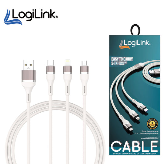 2 pieces Logilink 3in1 Usb To Micro/type C/iphone Nylon Data Cable 6a Fast Charging 1m With 1 Year Warranty White