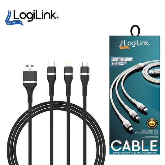 2 pieces Logilink 3in1 Usb To Micro/type C/iphone Nylon Data Cable 6a Fast Charging 1m 1 Year Warranty Black