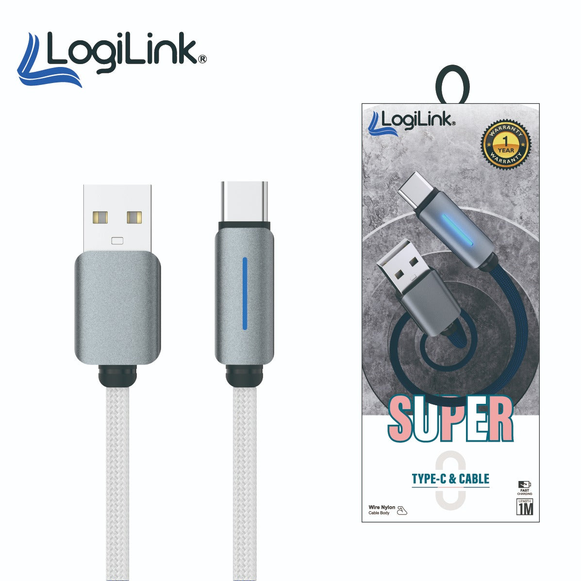3 pieces Logilink Usb To Type C Nylon Fast Charging Data Cable With Light 1m (1 Year Warranty)