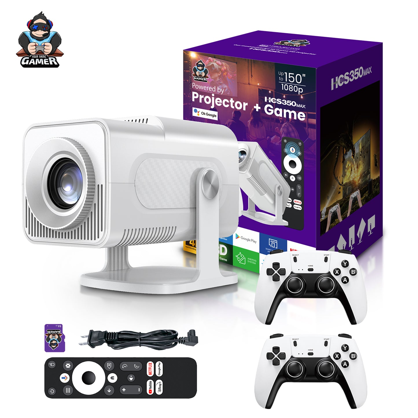HCS350 MAX LATEST ALLWINNER H713 4K ANDROID 11 HIGH LUMEN 1GB+8GB WIRELESS SMART PROJECTOR WITH WIRELESS GAMEPAD