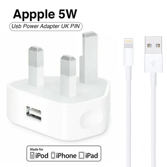 Iphone Usb 5W Power Adaptor UK Pin With Lightning to Usb Cable