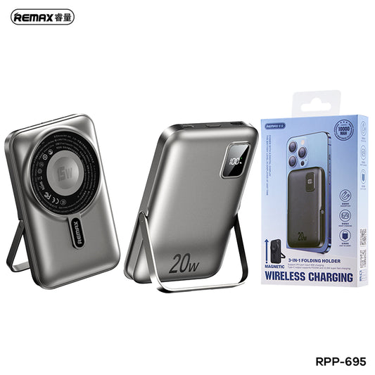 REMAX RPP-695 3 IN 1 (15W M/W) 22.5W + PD 20W POWER BANK WITH FOLDABLE STAND BLUE & Grey