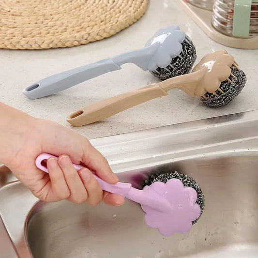 3 pieces Stainless Steel Wool Ball Brush With Long Handle Kitchen Hanging Strong Cleaning