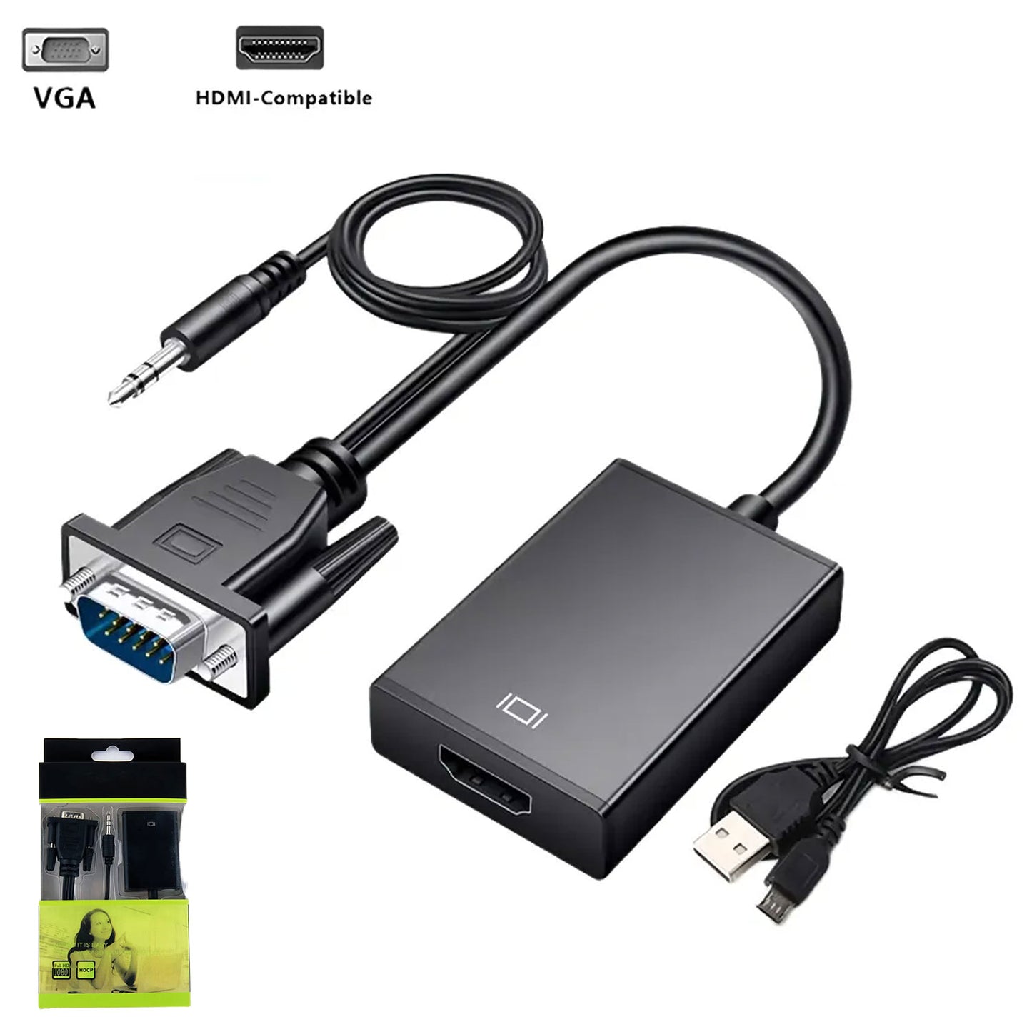 VGA TO HDMI 1080P ADAPTER WITH 3.5MM AUDIO OUTPUT JACK GREEN BOX